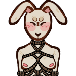 an anthropomorphic rabbit tied up.